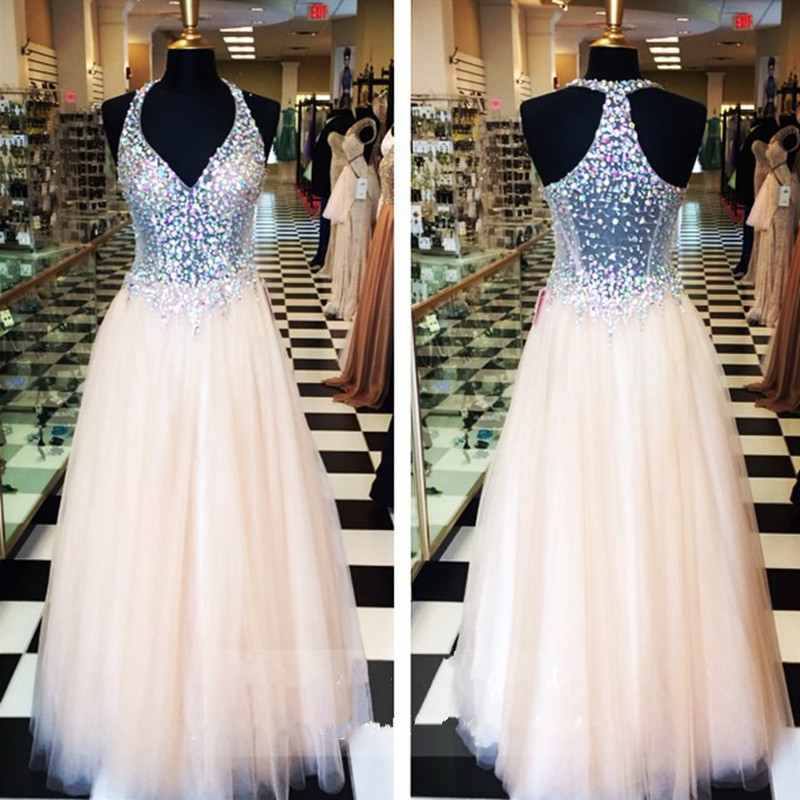 Charming Light Champagne Tulle Formal Dresses Showcases Rhinestone Beaded V Neckline And Illusion Back -- Luxury Prom Gown,long Elegant Prom