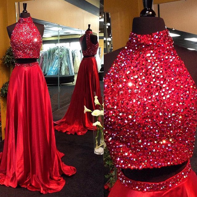Sexy Red Satin Formal Dresses Showcases Rhinestone Beaded Halter Neckline - Two Piece Prom Dress,long Elegant Prom Dresses, Sexy Beaded Evening