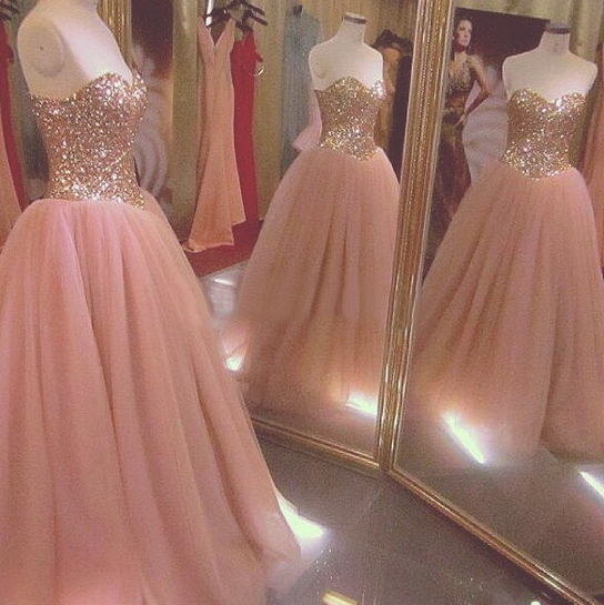 Sparkly Blush Tulle Ball Gown Formal Dresses Showcases Sequined Gold Bodice With Sweetheart Neckline - Long Elegant Prom Dresses, Sexy Sequined