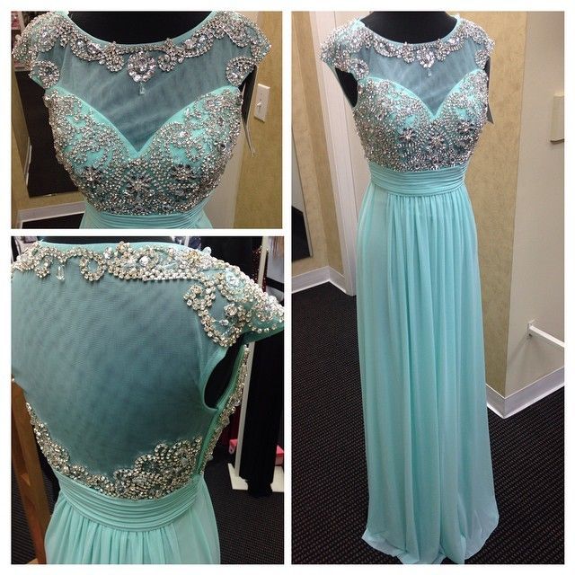 Sexy Floor Length Light Blue A Line Chiffon Formal Dresses Showcases Beaded Bodice With Illusion Neck And Beaded Scoop Neckline - Long Elegant