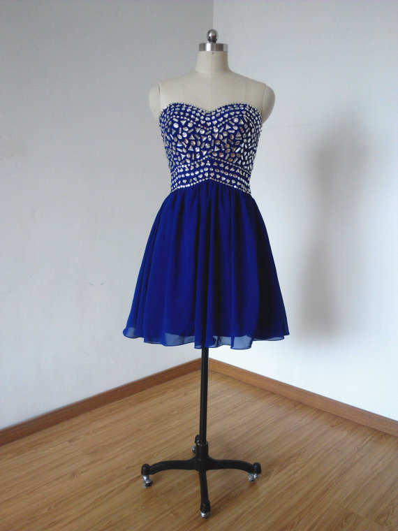 Short Royal Blue Chiffon Short Dress Featuring Rhinestone Beaded Bodice And Sweetheart Neckline