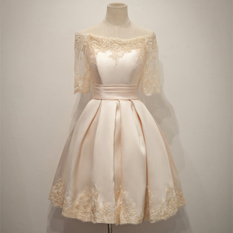 Beige  Short Satin Off The Shoulder Cocktail Dress