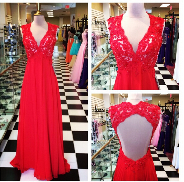 Long Red Chiffon Formal Dresses Featuring Beaded Lace Bodice With V Neck And Open Back -- Long Elegant Prom Dress, Sexy Backless Evening Gown
