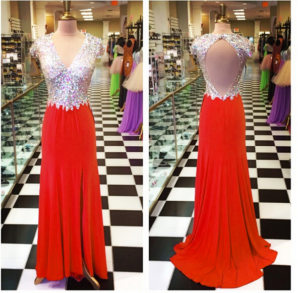 Long Red Chiffon Formal Dresses Featuring Rhinestone Beaded Bodice With V Neck And Open Back -- Long Elegant Prom Dress, Sexy Backless Evening