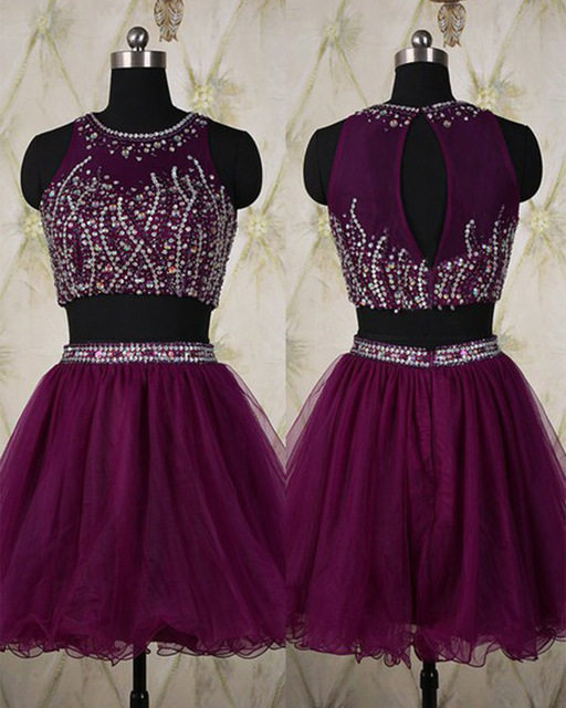 Short Grape Purple Two Piece Dress Featuring Beaded Bodice And Sheer Bateau Neckline