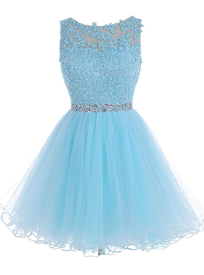 Short Light Blue Lace Applique Dress Featuring Sheer Neck And Open Back