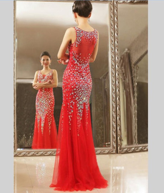 Long Red Tulle Formal Dresses Featuring Rhinestone Beaded Bodice With V Neck -- Long Elegant Prom Dress, Sexy Beaded Evening Gown