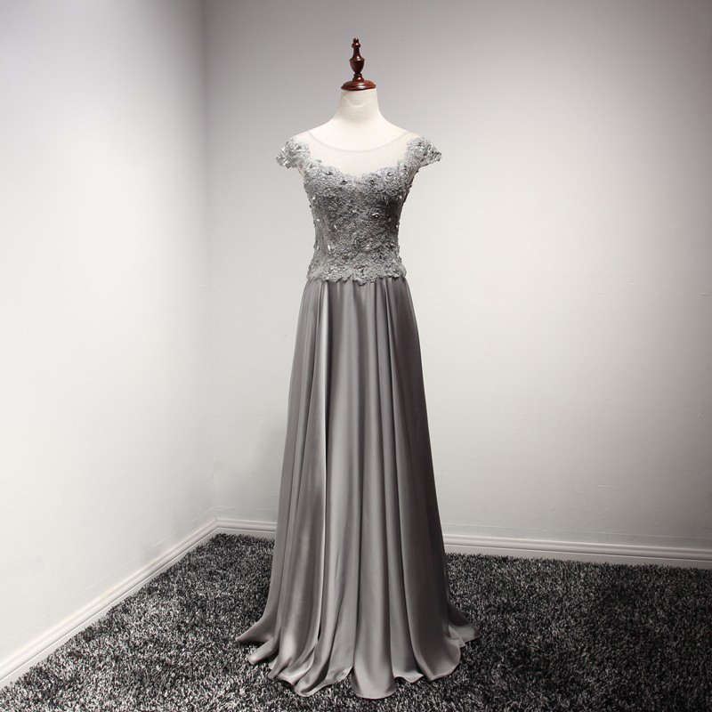 Charming Floor Length Gray Satin Formal Dresses Featuring Lace Applique Bodice -- Long Elegant Prom Dress,cap Sleeve Bridesmaid Dress
