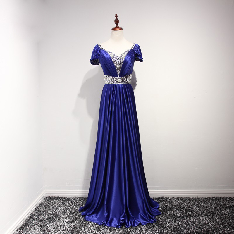 Royal Blue Floor Length A-line Satin Pleated Bridesmaid Dress Featuring Short Sleeve