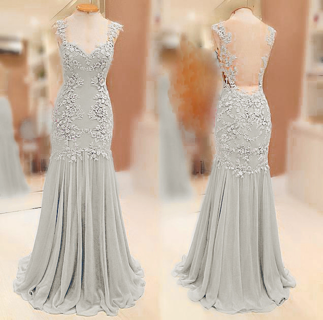 Floor Length Lace Applique Silver Chiffon Mermaid Prom Gown Featuring V Neck And Illusion Back -- Long Elegant Prom Dress,formal Dress