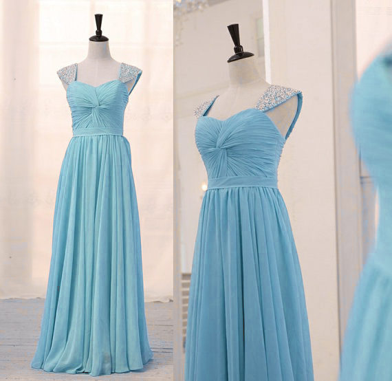 Sky Blue Front Knot Chiffon A-line Long Bridesmaid Dress With Beaded Cap Sleeves