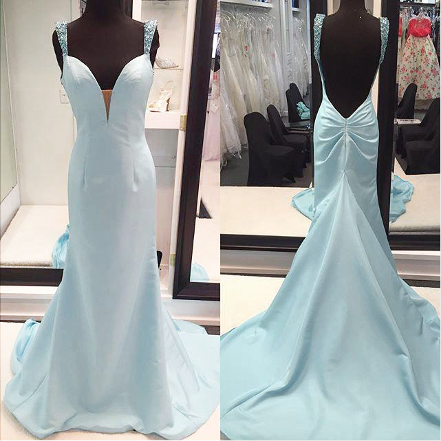Elegant Long Light Blue Prom Dresses Sexy Backless Plunge V Neck Evening Dresses 2016 Real Photo Women Party Dresses Formal Gowns