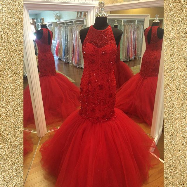 Long Red Tulle Mermaid Formal Dresses Featuring Beaded Bodice With Halter Neckline -- Long Elegant Prom Dress, Sexy Beaded Evening Gown