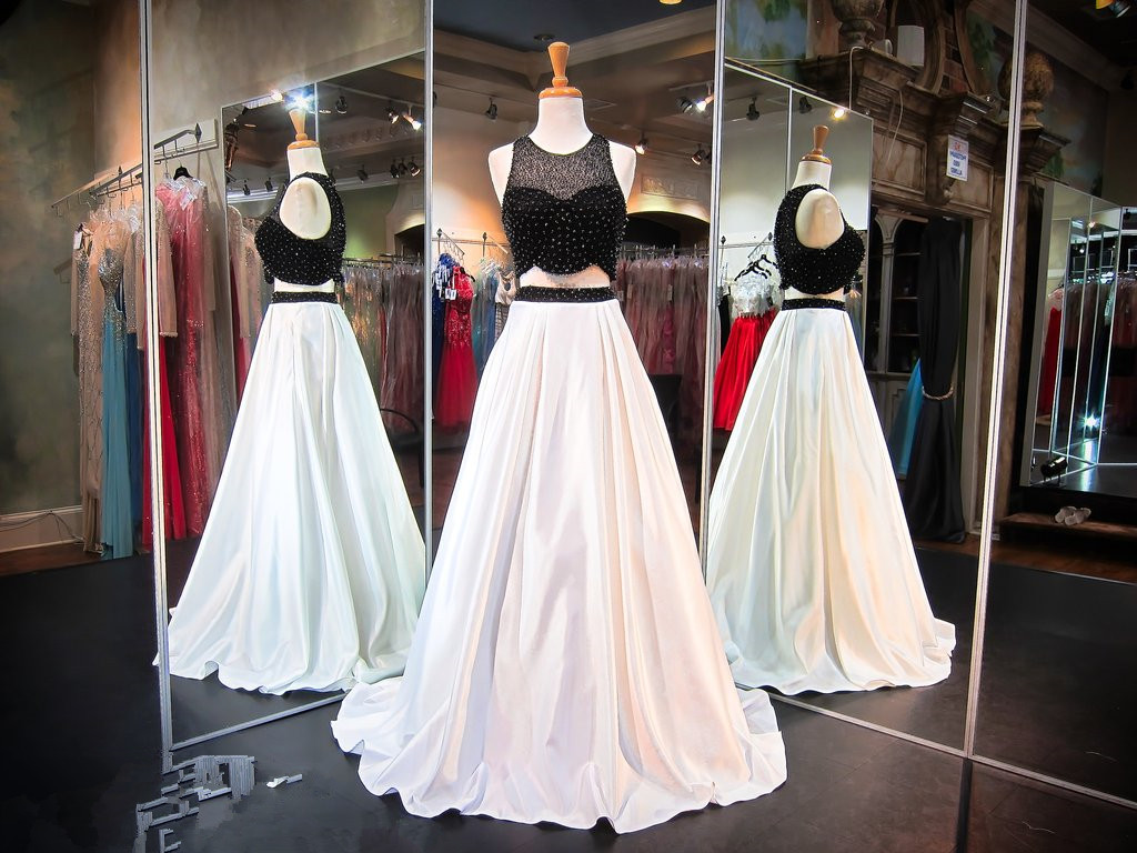 Sexy White Floor Length Taffeta Formal Dresses Showcases Beaded Bodice,long Elegant Prom Dresses,sexy Evening Gowns,two Piece Prom Dresses