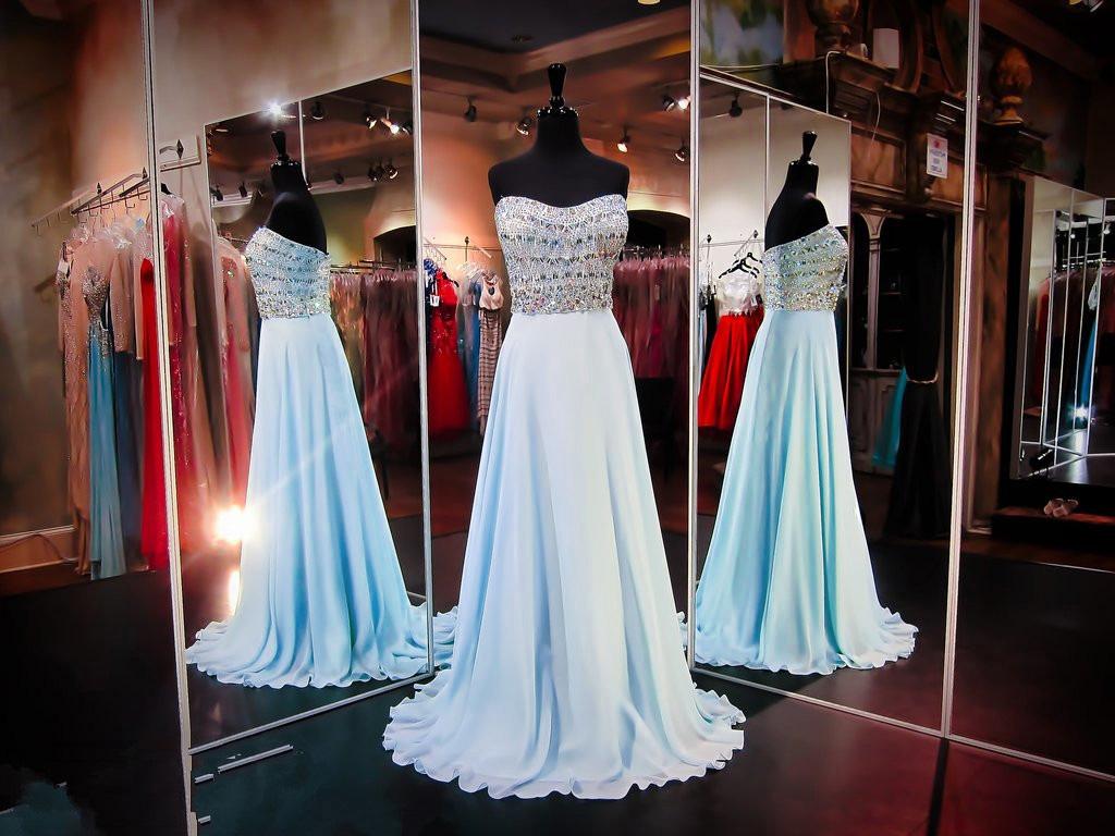Charming Light Blue Long Chiffon Prom Dresses Showcases Rhinestone Beaded Sweetheart Bodice,Sexy Evening Gowns,Formal Dresses