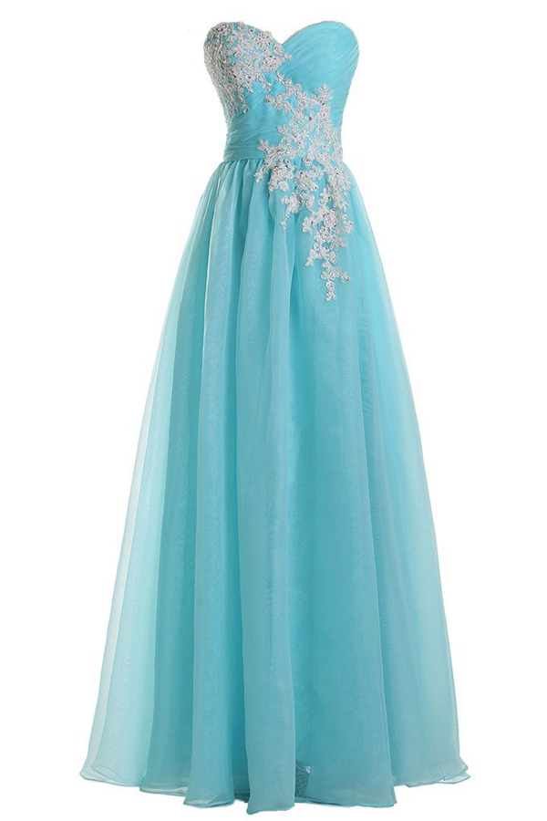 Light Blue Sweetheart Lace Applique Prom Dresses , Strapless Organza A Line Evening Gowns - Formal Gowns, Party Dresses