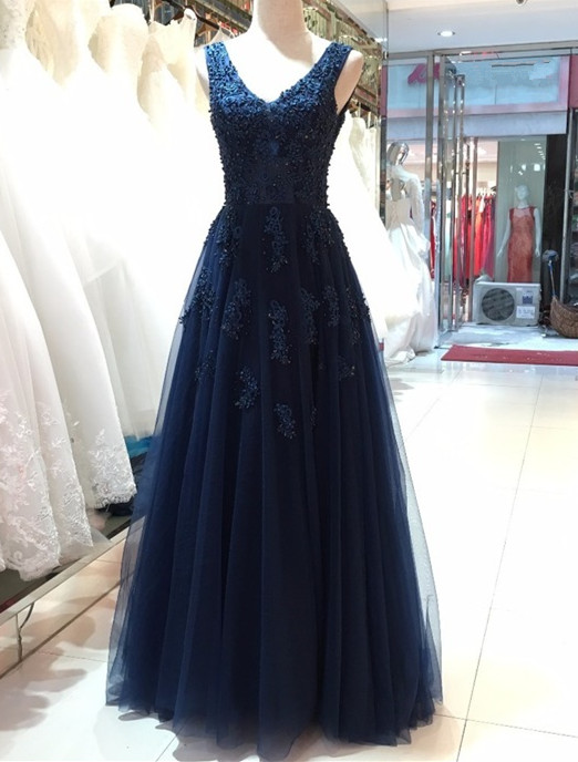 Navy Blue V Neck Lace Applique Prom Dresses , Strapless Tulle Backless A Line Evening Gowns - Formal Gowns, Party Dresses
