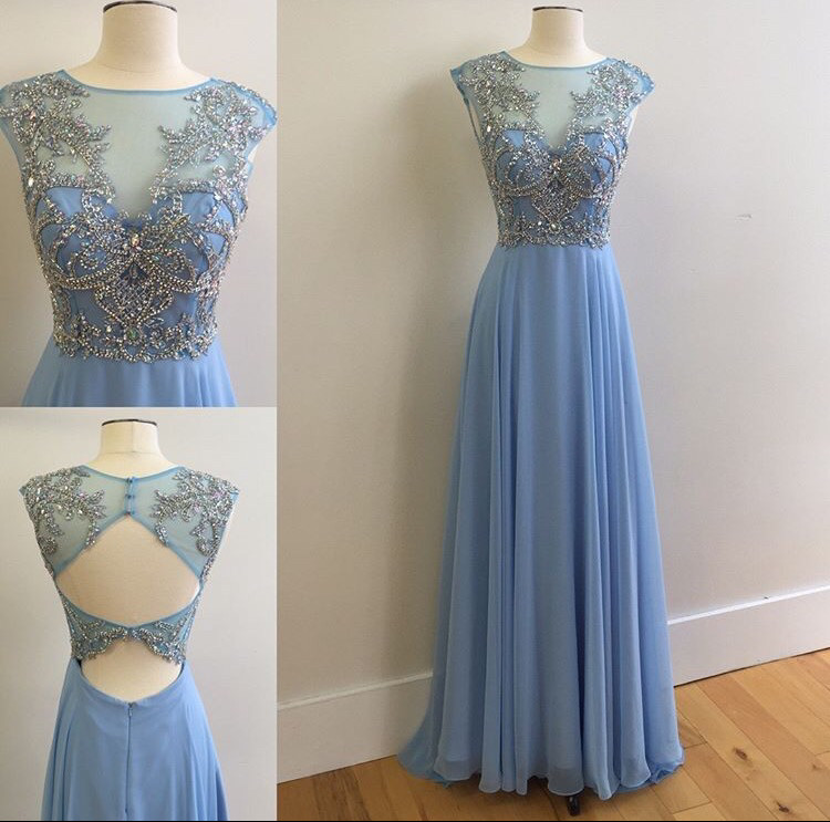 Light Blue Sheer Neck Prom Dresses , Sexy Strapless A Line Evening Gowns - Formal Gowns, Party Dresses