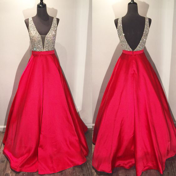 Red Satin Prom Dresses , Sexy Beaded Backless Evening Gowns - Formal Gowns, Party Dresses