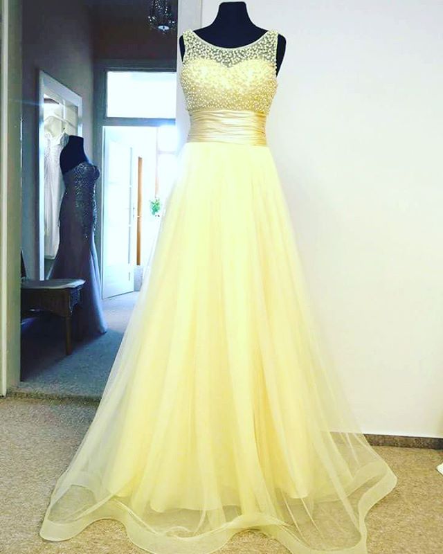 Yellow Tulle Prom Dresses , Sexy Beaded Sheer Neck Evening Gowns - Formal Gowns, Party Dresses