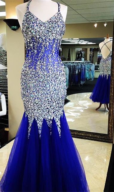 Sexy Royal Blue Long Tulle Mermaid Prom Dresses Showcases Rhinestone Beaded Bodice,sexy Evening Gowns,formal Dresses,backless Prom Dresses