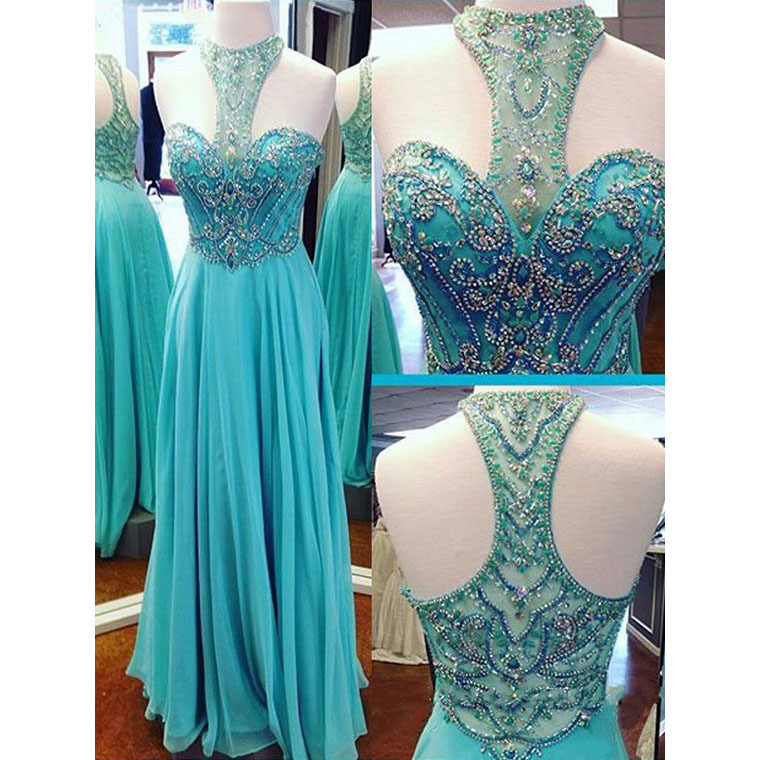 Sexy Blue Long Chiffon Prom Dresses Showcases Beaded Halter Neck And Illusion Back,sexy Evening Gowns,formal Dresses