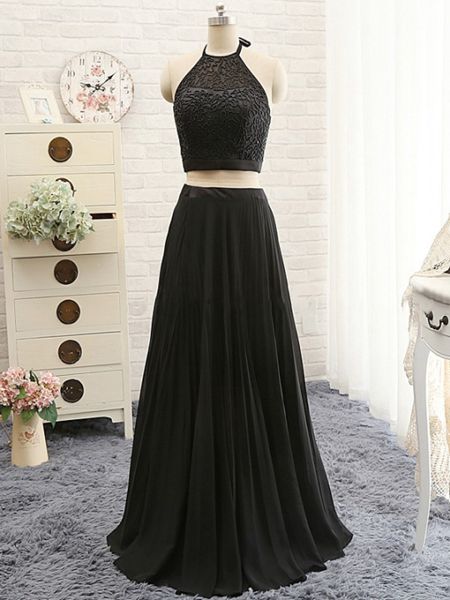 Sexy Black Long Chiffon Prom Dresses Showcases Beaded Halter Neckline,sexy Evening Gowns,formal Dresses,two Piece Prom Dress