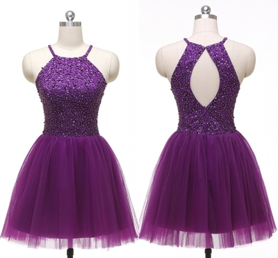 2016 Sexy Short Purple Halter Tulle Prom Dress , Graduation Dresses 2016,party Dresses,short Evening Dresses, Short Prom Dress 2016,