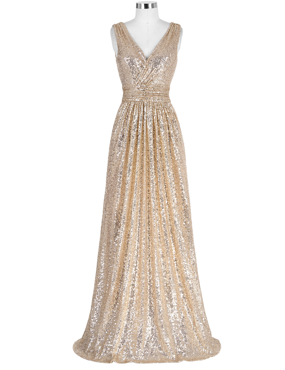 Gold Sequinned Floor Length A-line Evening Dress Featuring Plunge V Bodice And Ruched Belt