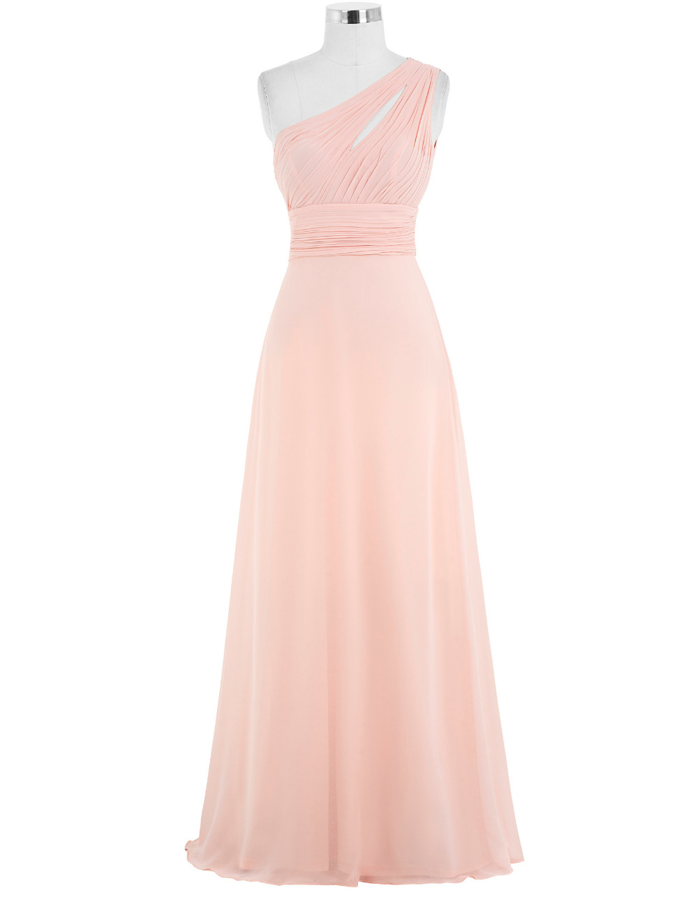 Pink Chiffon Floor Length A-line Prom Dress Featuring Ruched One Shoulder Bodice And Cutout Detailing