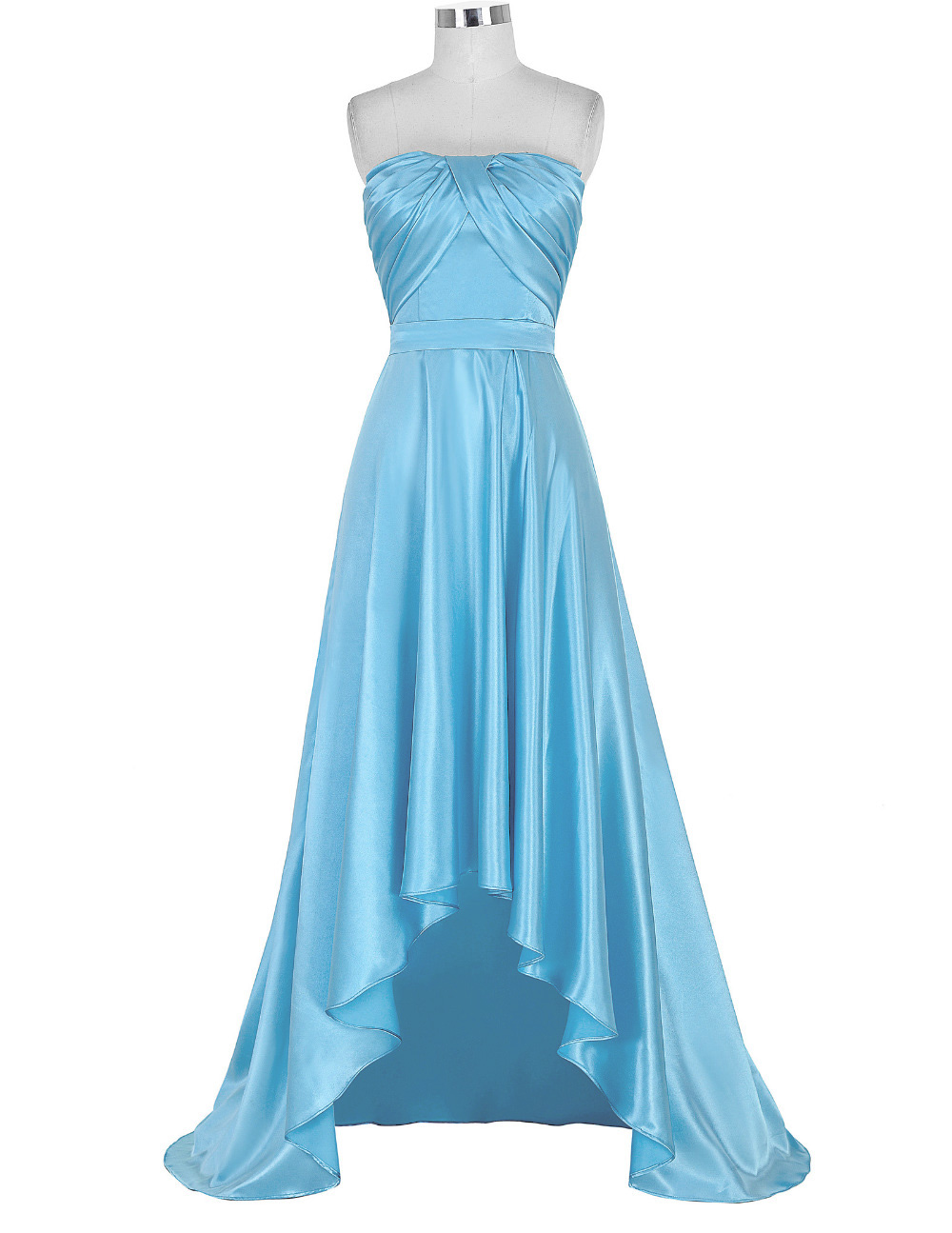 Blue Satin High Low A-line Prom Dress Featuring Ruched Strapless Straight Across Bodice
