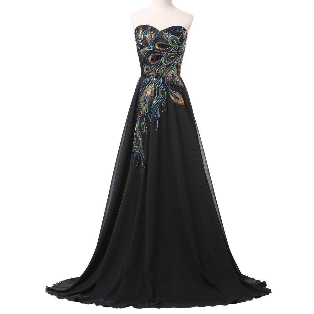 Black Sweetheart Embroidered Prom Dresses , Strapless Chiffon A Line Evening Gowns - Formal Gowns, Party Dresses