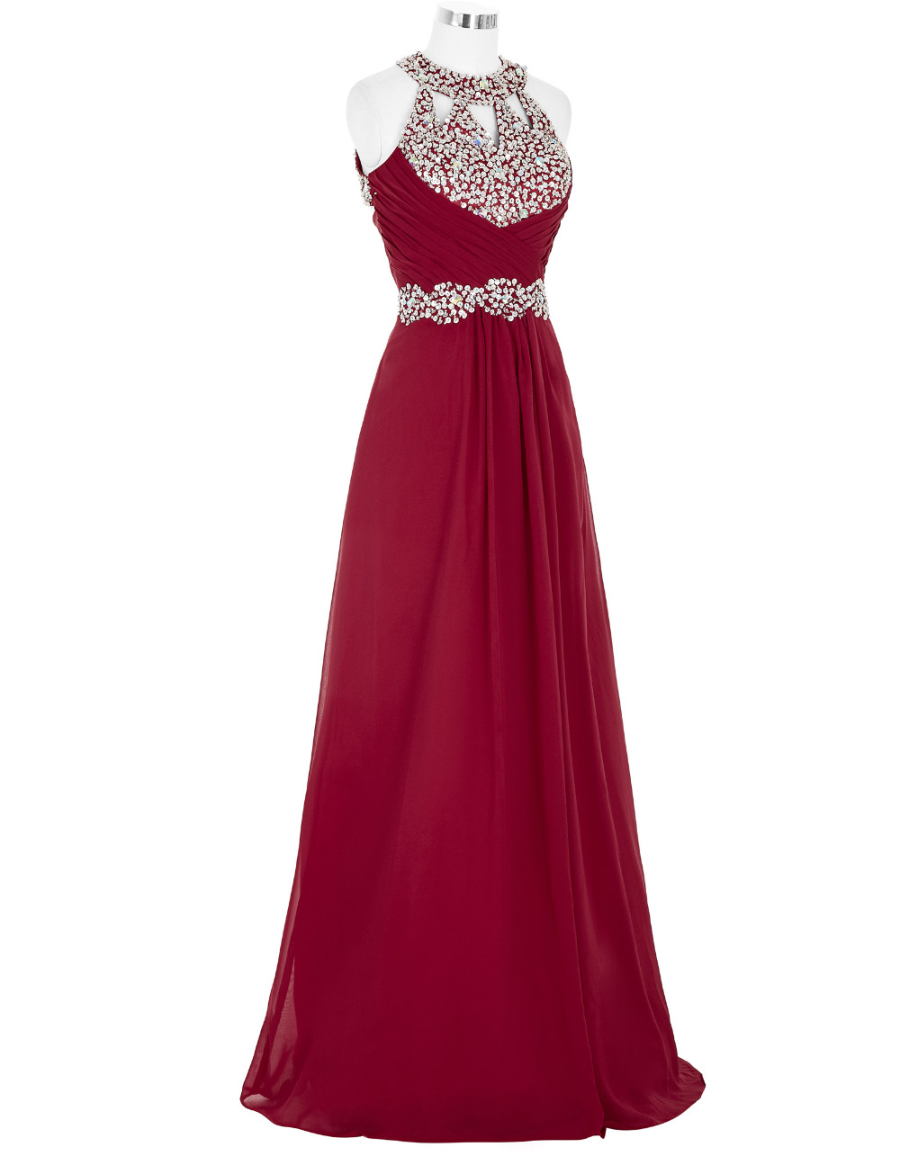 Burgundy Beaded Halter Prom Dresses , Strapless Chiffon A Line Evening Gowns - Formal Gowns, Party Dresses
