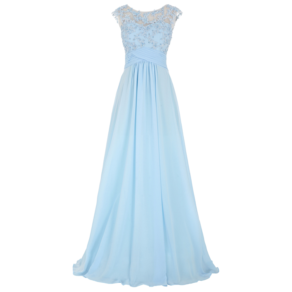 Light Blue Chiffon Floor Length A-line Evening Dress Featuring Lace Appliqué Jewel Neck Bodice With Cap Sleeves, Ruched Belt And Illusion Open