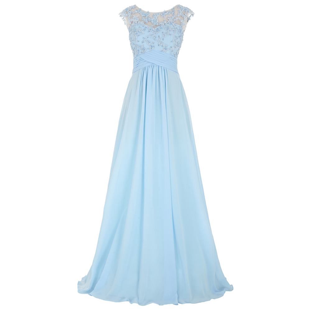 Light Blue Chiffon Floor Length A-line Evening Dress Featuring Lace  Appliqué Jewel Neck Bodice With on Luulla