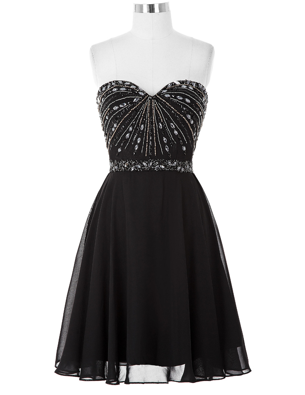 Black Chiffon Short A-line Homecoming Dress Featuring Beaded Embellished Sweetheart Bodice And Lace-up Back