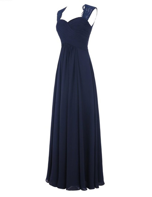 Navy Blue Chiffon Floor Length A-line Bridesmaid Dress Featuring Ruched Sweetheart Bodice With Lace Straps And Open Back Detailing