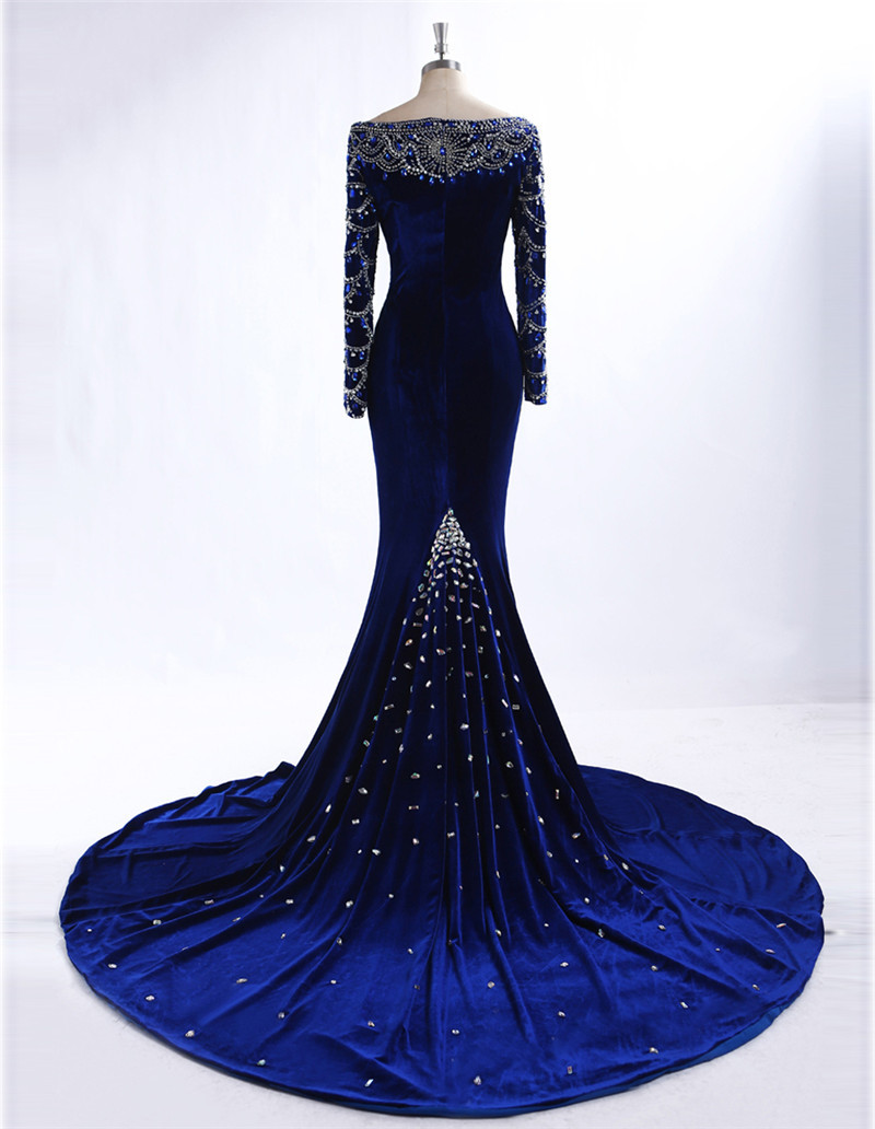Blue Long Evening Dress Featuring Rhinestone Beaded V Neckline And Long Sleeve