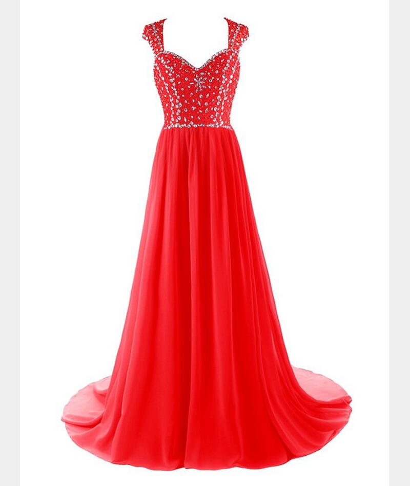 Red Long Chiffon Evening Dress Featuring Rhinestone Beaded Bodice And Open Back