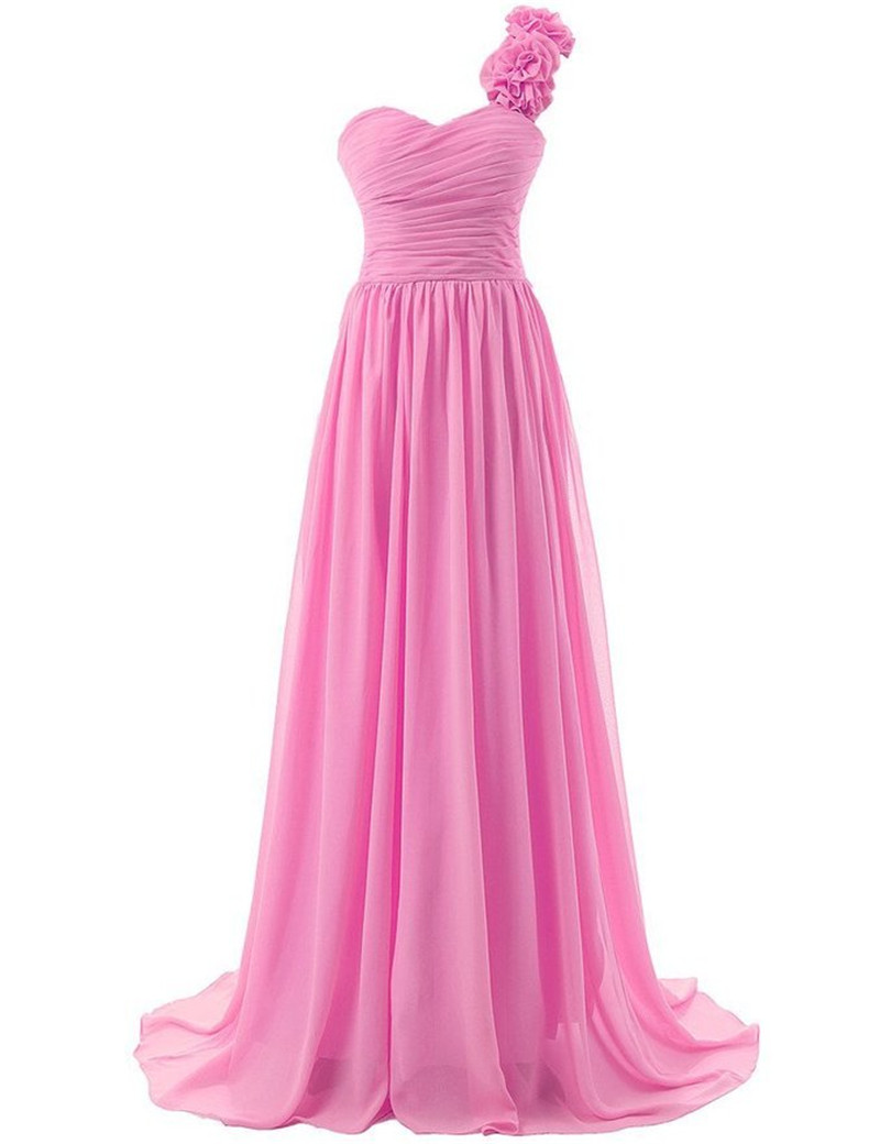Pink Floor Length Chiffon A-line Prom Dress Featuring Ruched Sweetheart Bodice, Floral Accent One Shoulder Strap And Lace-up Back