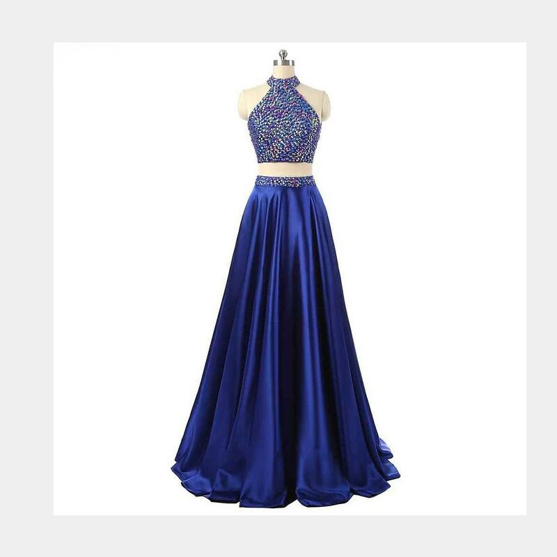 Two-piece Satin A-line Long Prom Dress With Rhinestone Beaded Halter Bodice And Open Back