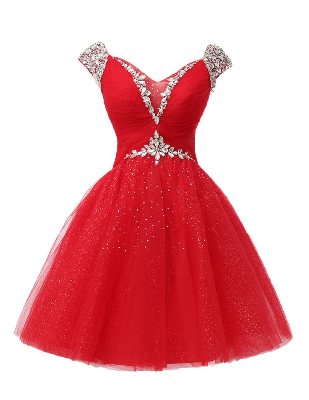 Red Graduation Cocktail Dresses Rhinestone Short Evening Dresses V Neck Crystal Tulle Mini Prom Dresses 2017 Real Photo Women Party Dresses