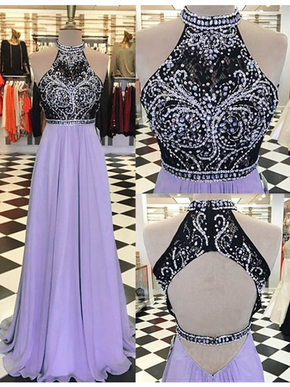 Sexy Lavender A Line Chiffon Long Prom Dress With Rhinestone Beaded Bodice,high Neck And Open Back