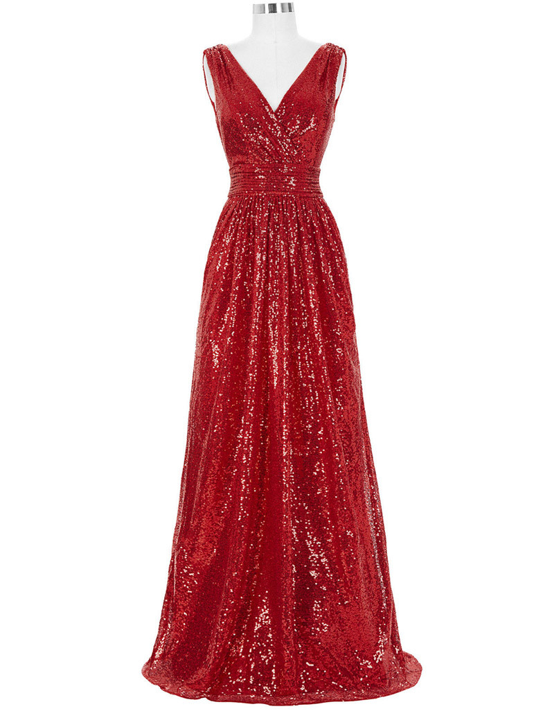 Sparkly Red Sequined A Line Long Prom Dresses With V Neck And Zipper Back