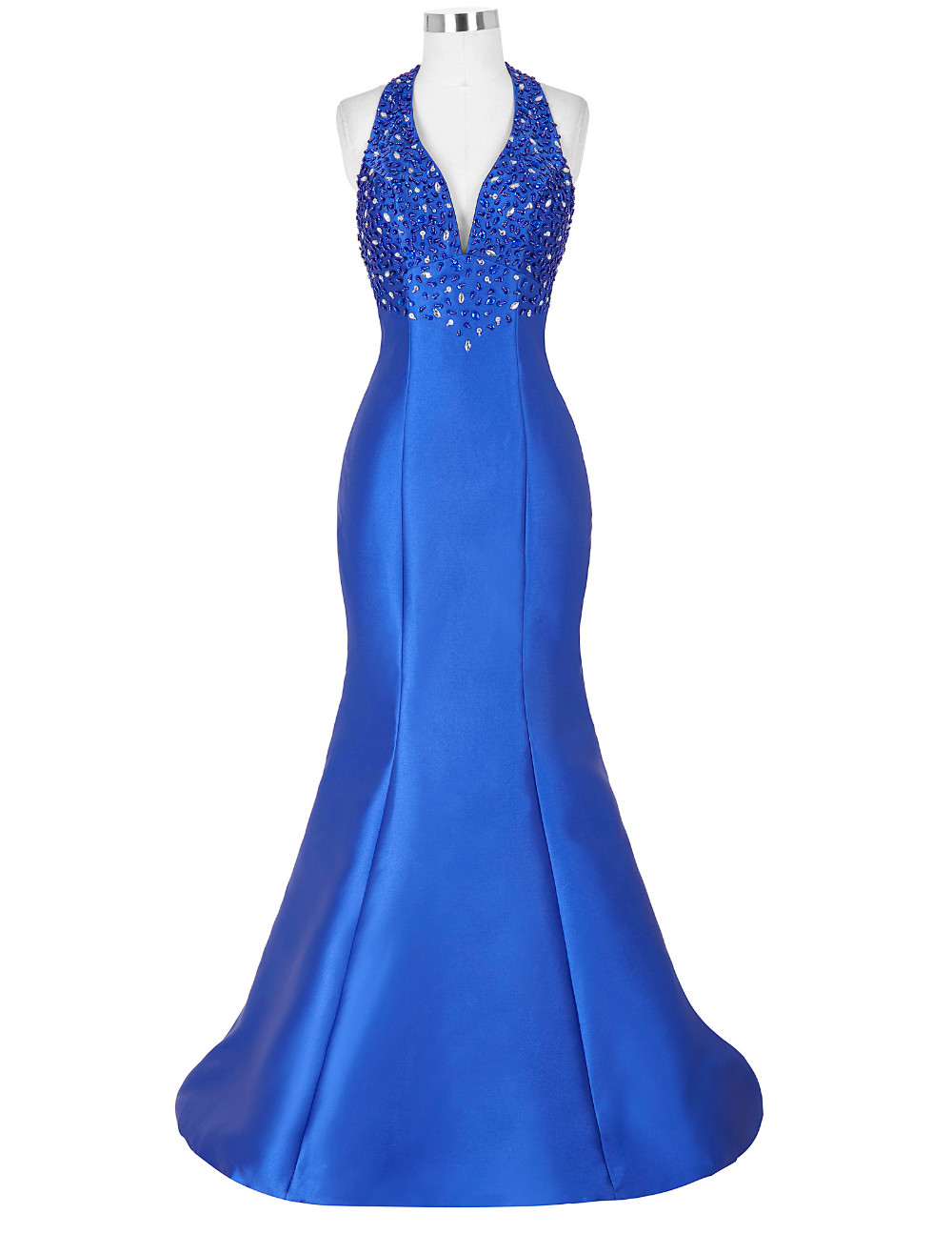 Amazing Blue Satin Mermaid Long Prom Dresses With Rhinestone Beaded Bodice And Halter Neckline