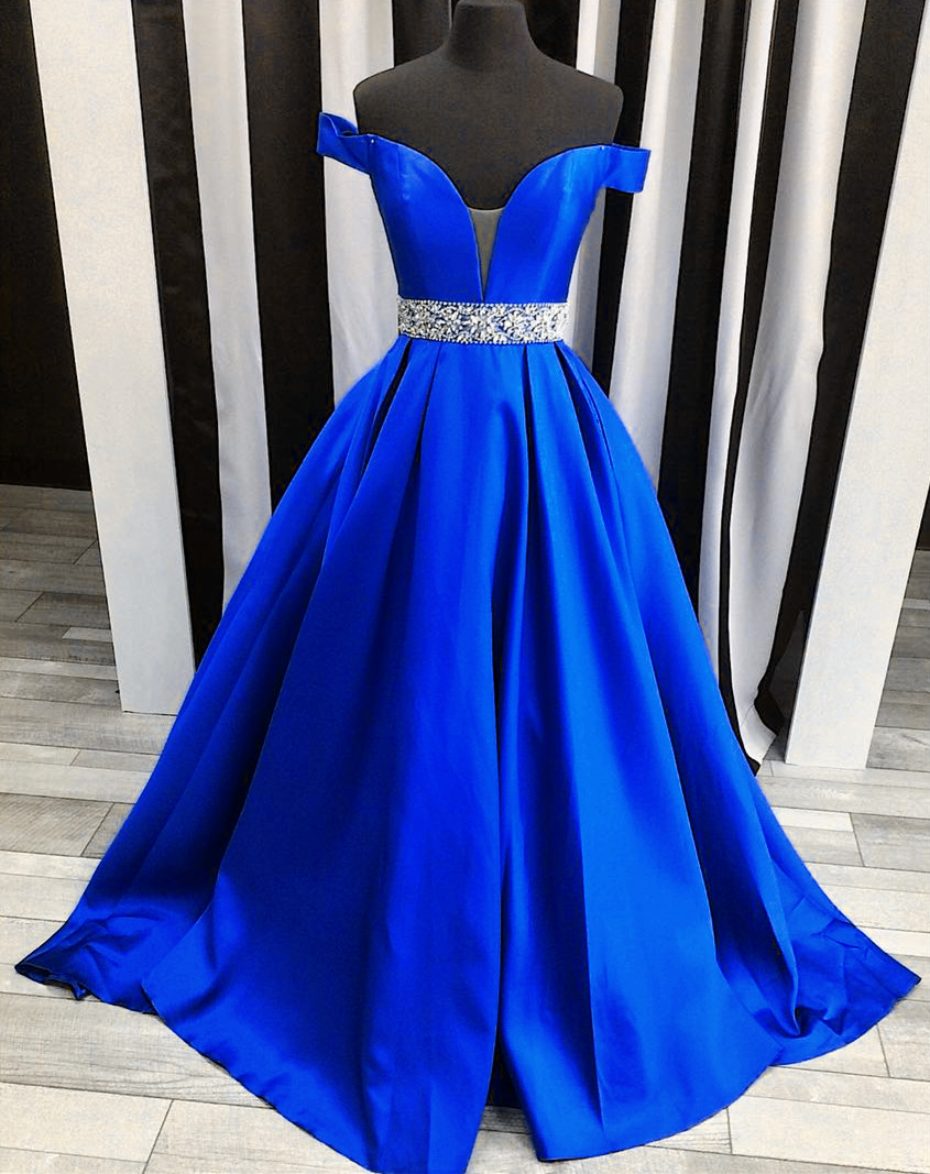 Royal Blue Satin Off-the-shoulder Plunge V Floor Length Formal Gown Featuring Beaded Embellished Belt