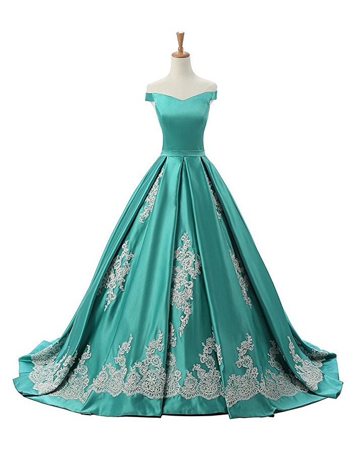 Turquoise Off Shoulder Neckline Satin Long Evening Dress, Prom Dress Featuring Lace Applique Ruched Skirt