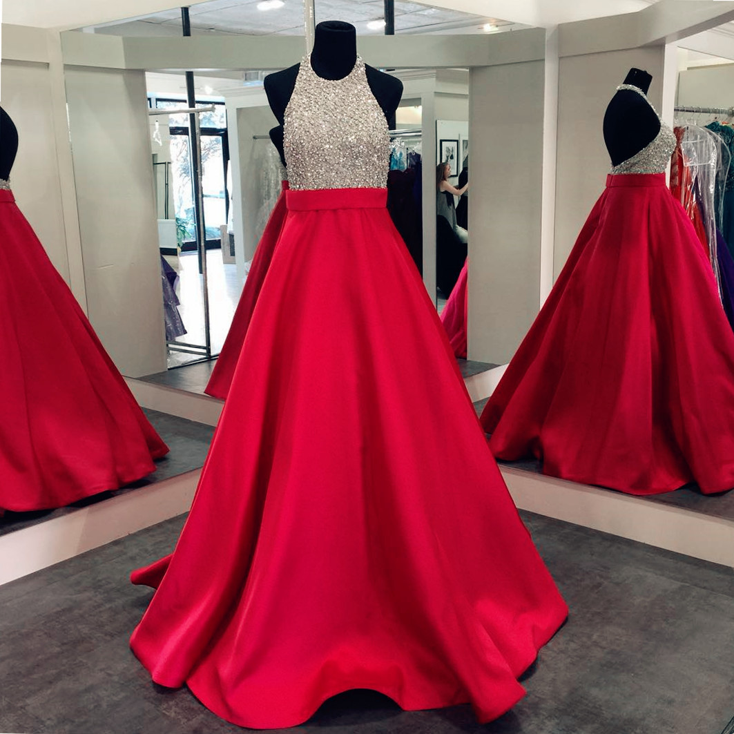 Red Shimmery A Line Satin Long Prom Dresses With Beaded Bodice And Halter Neckline