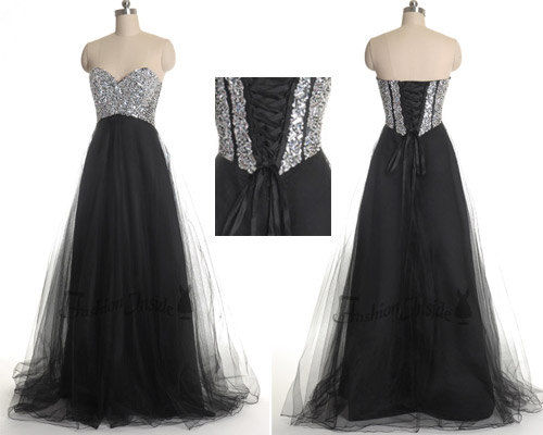 Sexy Black A Line Tulle Long Prom Dresses With Rhinestone Beaded Bodice And Lace-up Back