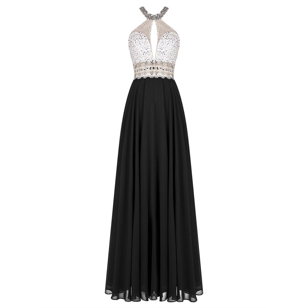Beaded Embellished High Halter Neck Black Chiffon Floor Length A-line Bridesmaid Dress Featuring Open Back